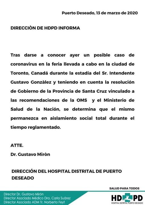 El comunicado del Hospital de Puerto Deseado. 